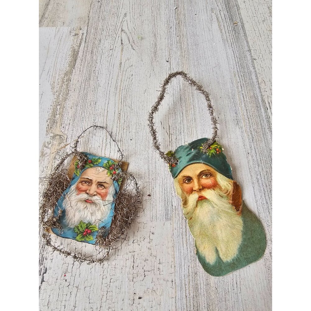 Antique german? cardboard‎ die cut tinsel ornament Santa Claus scrap Xmas decor